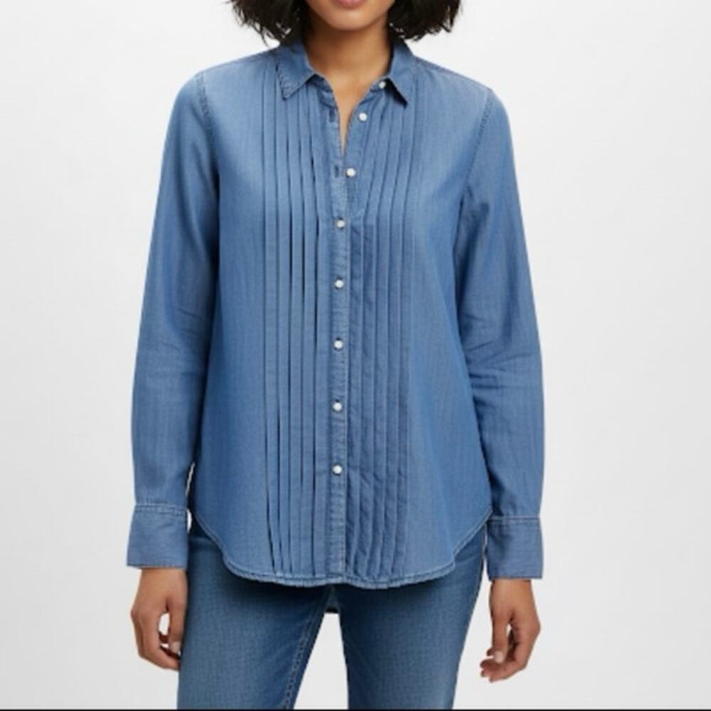Sundance Pearl Snap Blue Chambray Tuxedo Pleat Button Up Shirt Top Size XS
